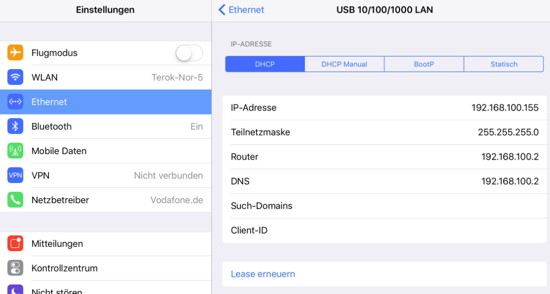 Ethernet-Konfiguration in iOS 10.1