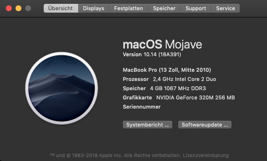 macOS Mojave auf MacBook Pro Baujahr 2010